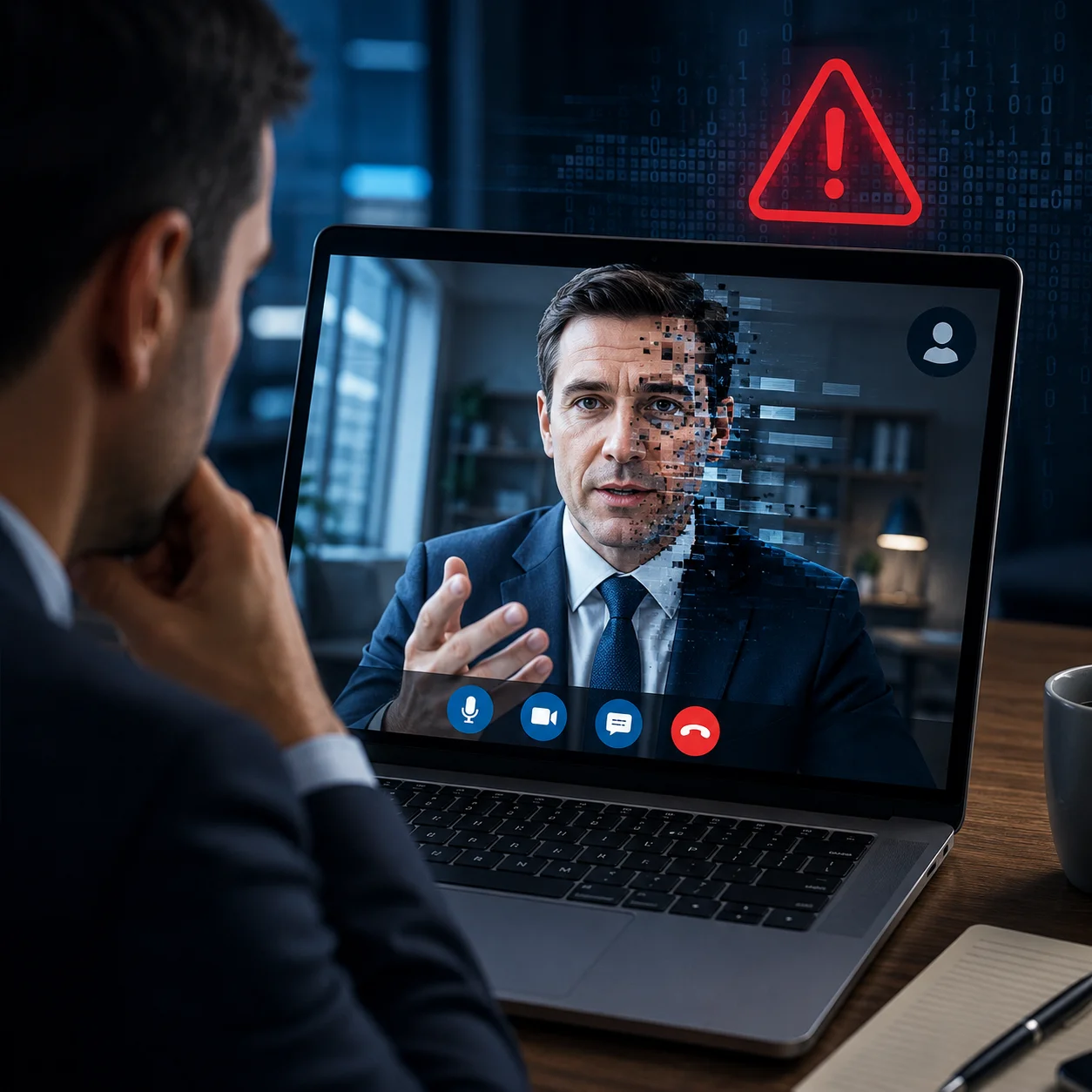 Deepfake video call showing a glitching face on a laptop screen