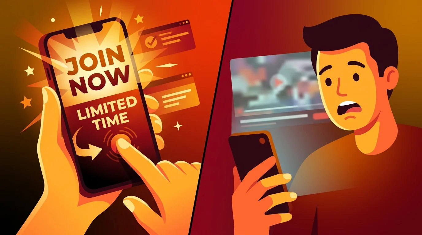 Split illustration showing FOMO manipulation - excited user tapping Join Now vs disappointed user seeing a generic AI video