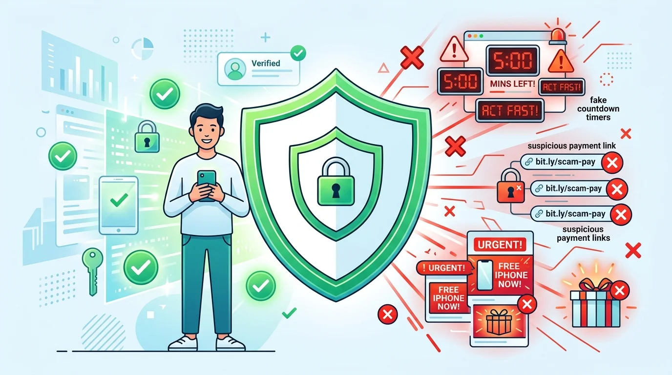 Digital safety shield protecting a user from social media scam elements like fake countdowns and suspicious payment links