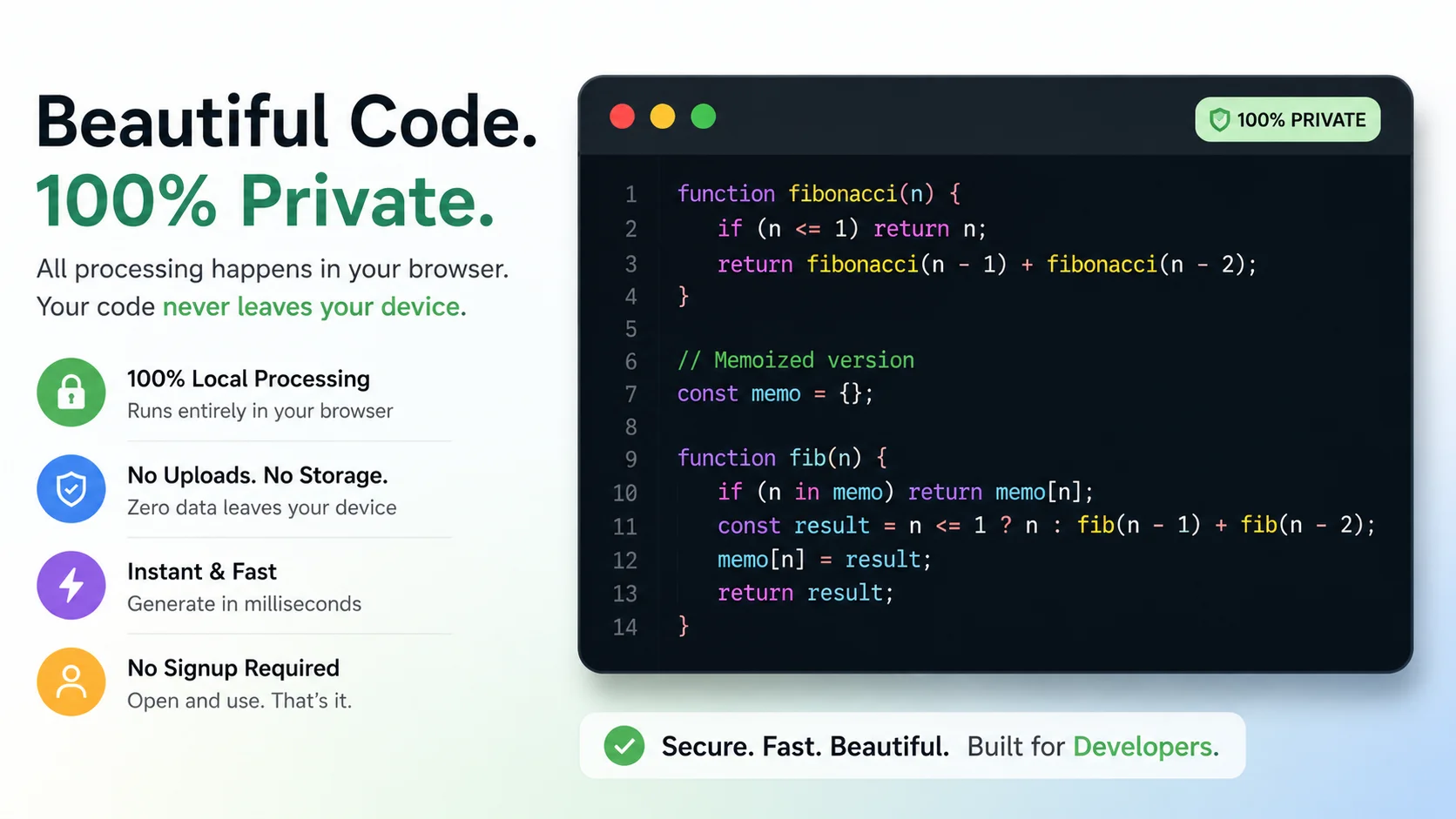 A modern code editor interface demonstrating secure, browser-based code screenshot generation with zero uploads and complete privacy. 🚀
