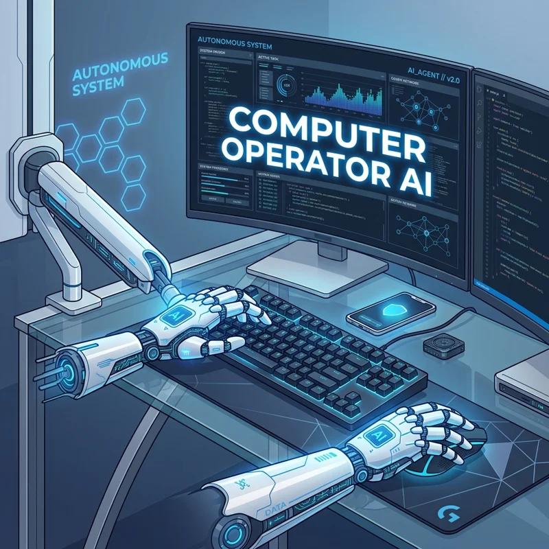Futuristic robotic AI hand autonomously controlling a computer mouse and keyboard