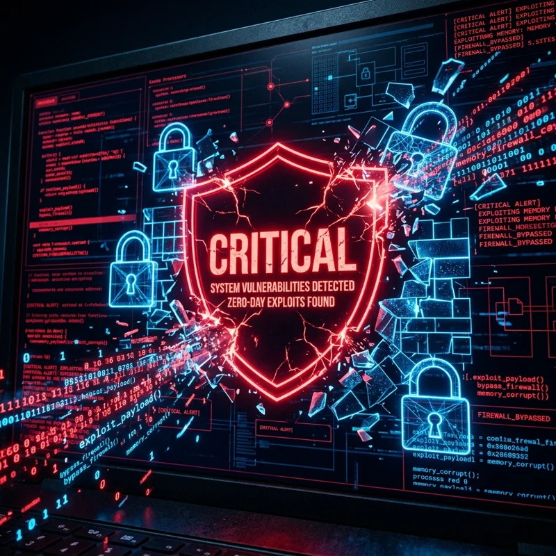 Glowing red critical warning shield on a hacker terminal representing AI zero-day exploits
