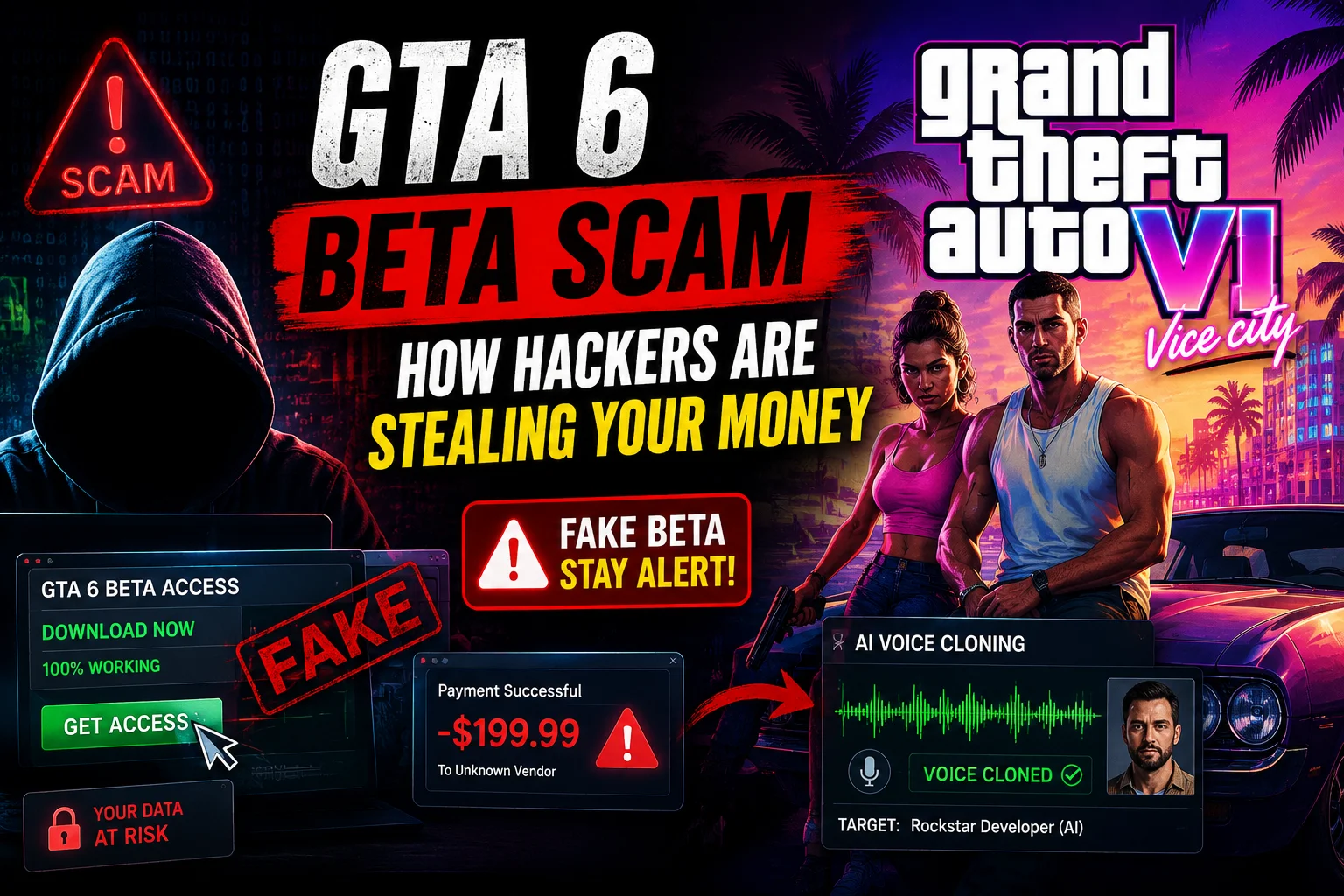 A hacker sitting in front of multiple glowing monitors showing fake GTA 6 gameplay and AI voice cloning software