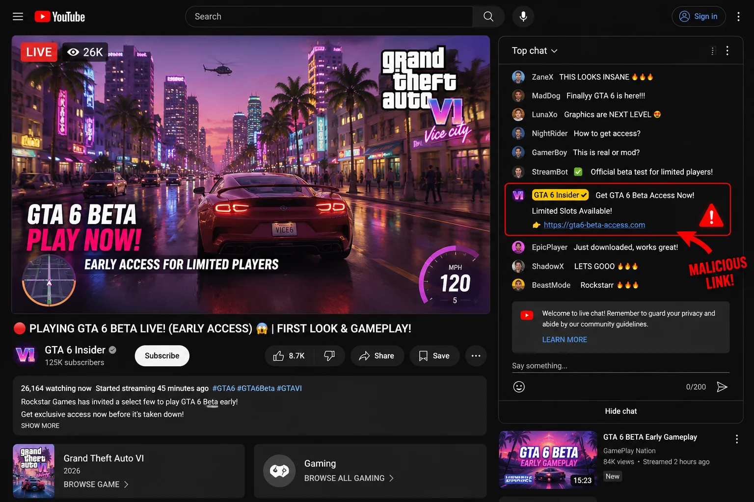 A fake YouTube live stream layout showing AI generated gameplay footage with a malicious link in the chat box