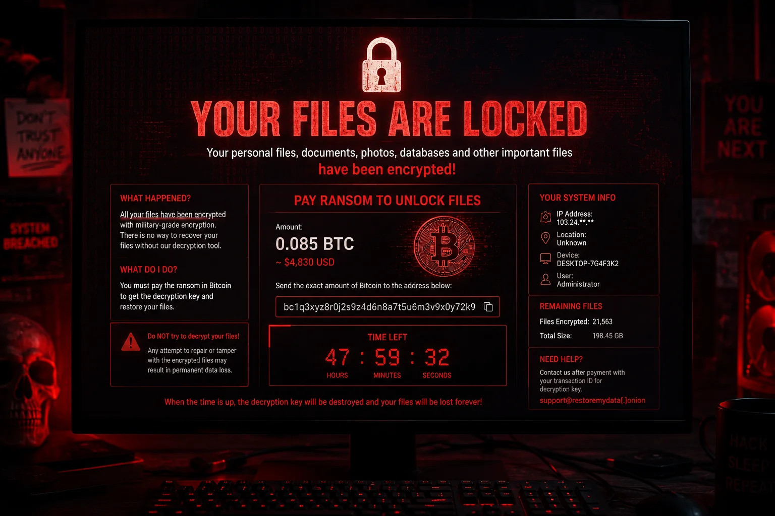 A computer screen showing a terrifying ransomware lock screen demanding payment in Bitcoin