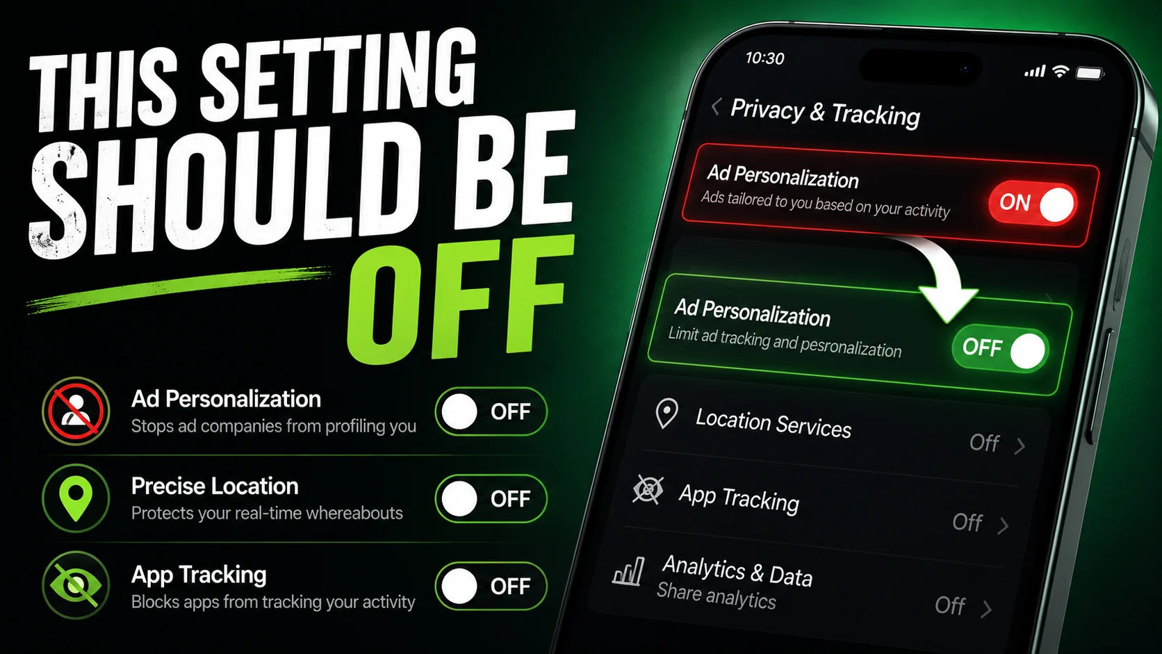 A smartphone privacy settings screen demonstrating how disabling ad personalization and app tracking can significantly reduce data collection