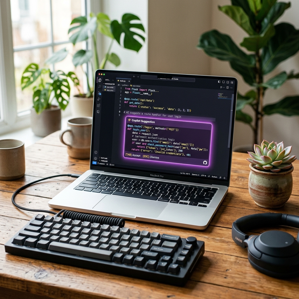 AI copilot suggestion visible on a laptop screen in a modern developer workspace
