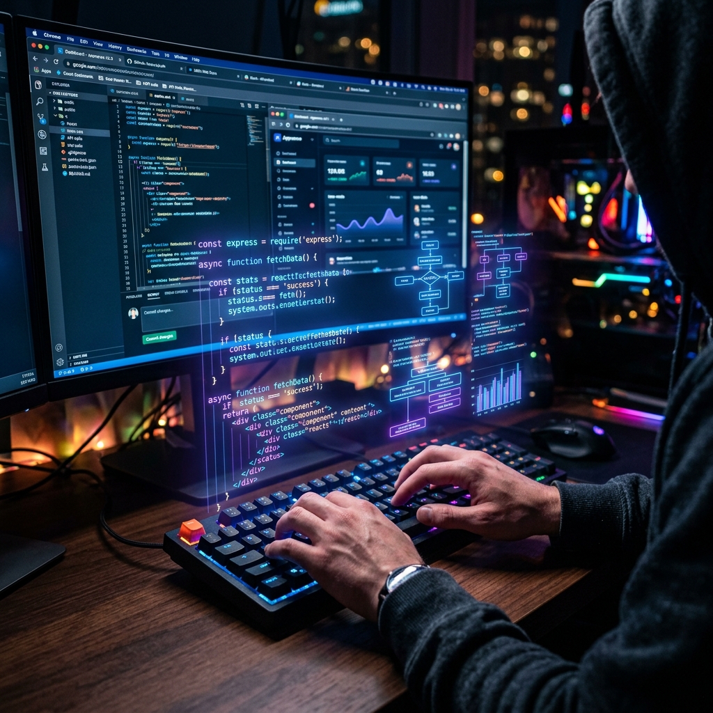 Developer coding with futuristic AI-assisted holographic code interface