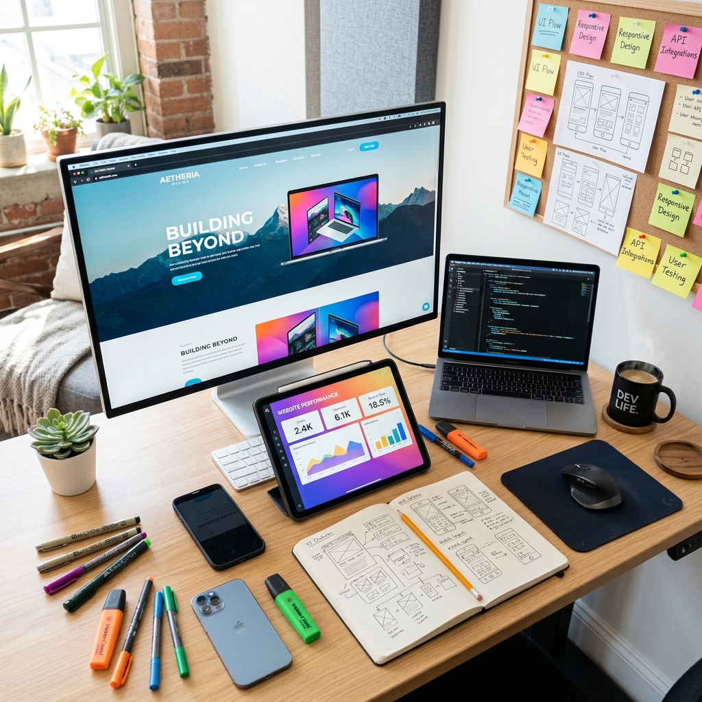 Overhead view of a developer's creative workspace with monitors, sketches and coffee