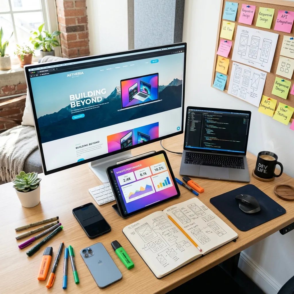 Overhead view of a developer's creative workspace with monitors, sketches and coffee