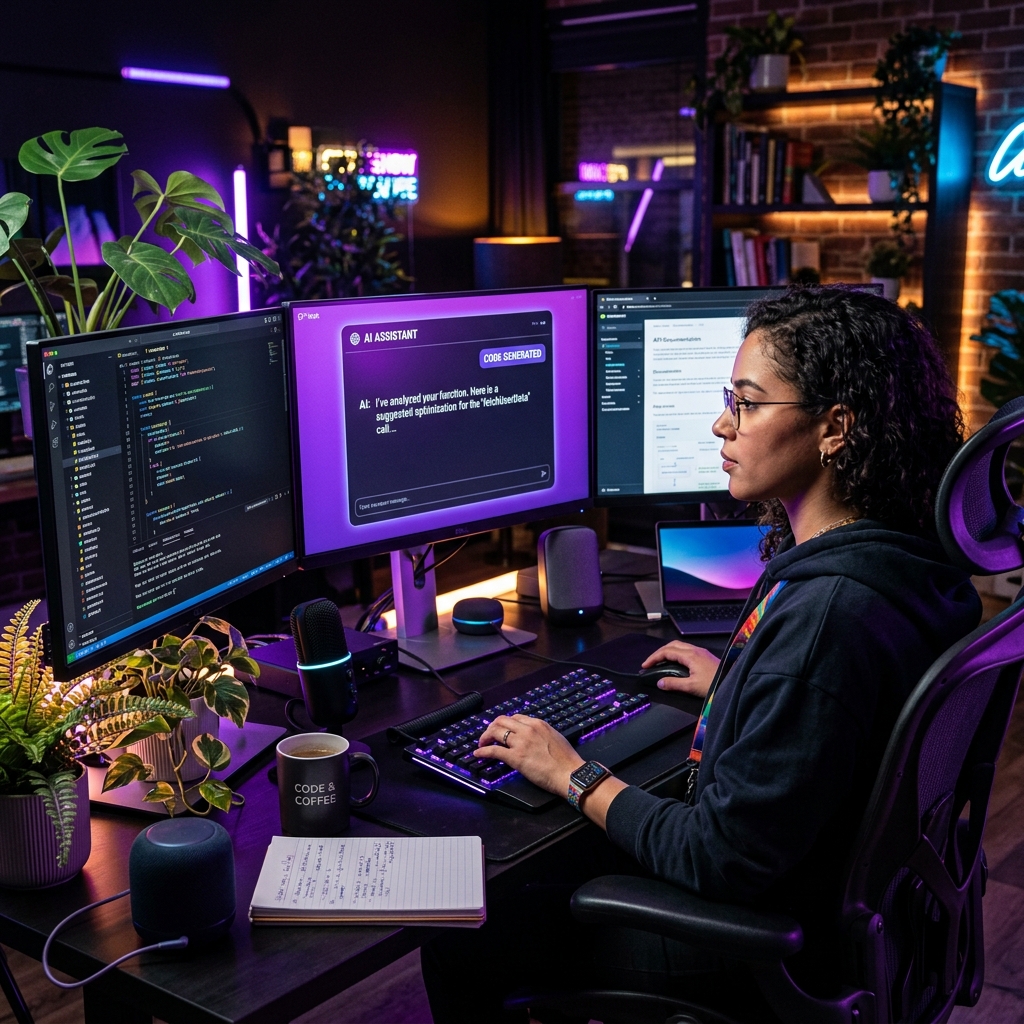 Developer working with AI coding agents at a modern desk setup
