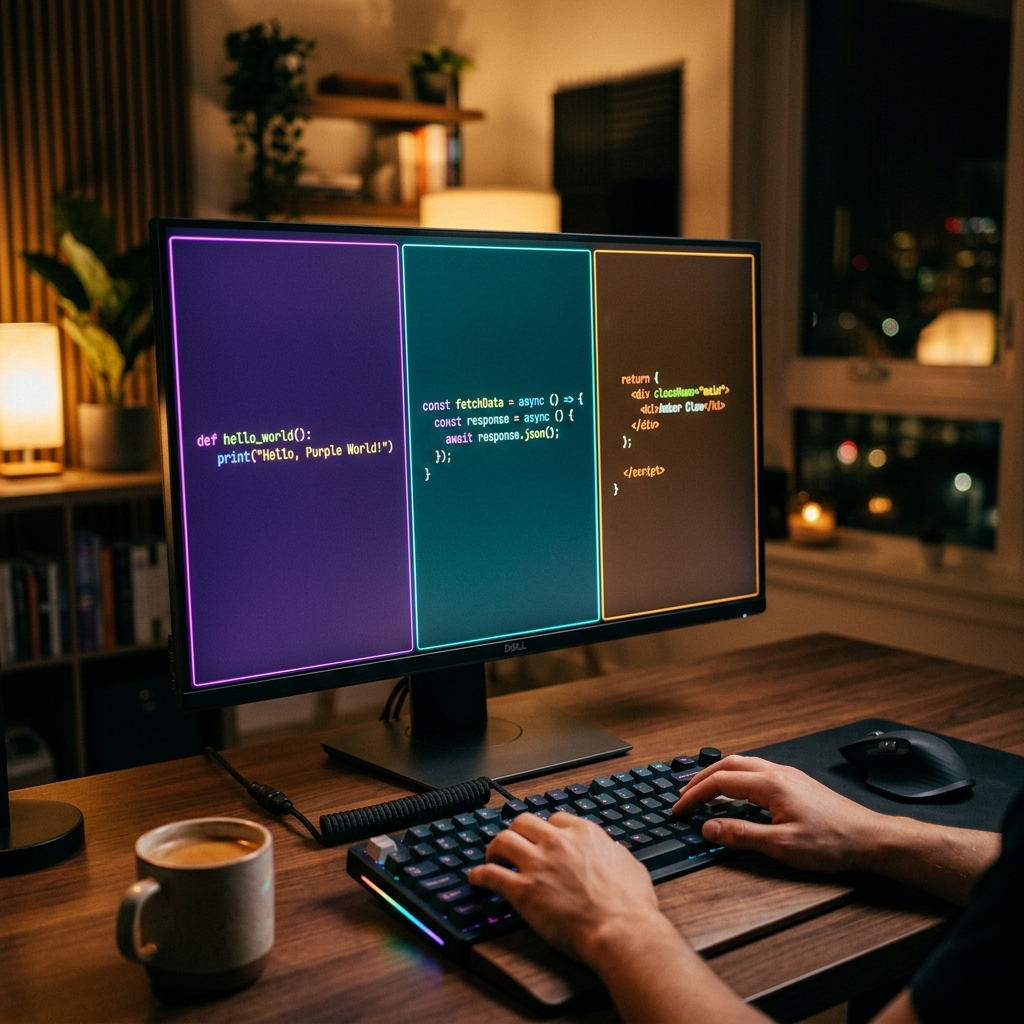 Developer screen showing multiple AI coding assistant panels with syntax highlighted code
