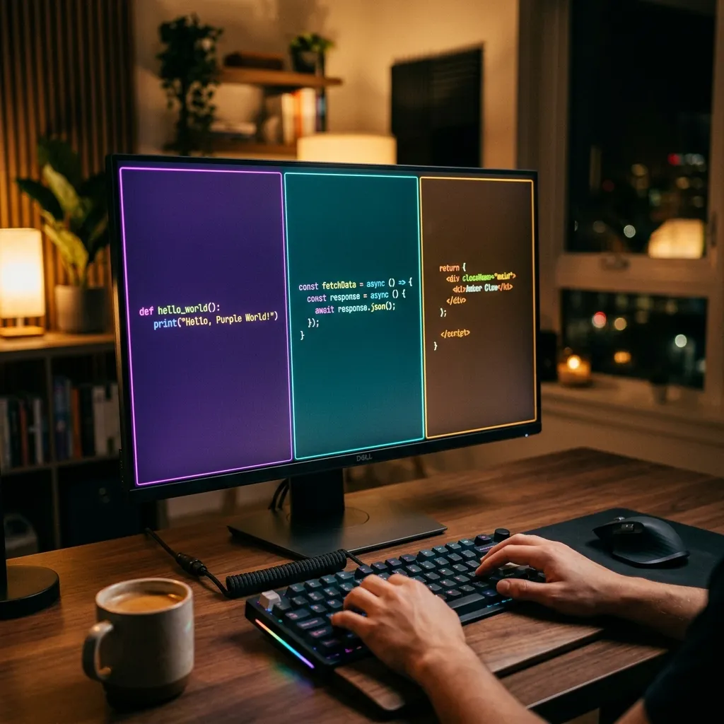 Developer screen showing multiple AI coding assistant panels with syntax highlighted code