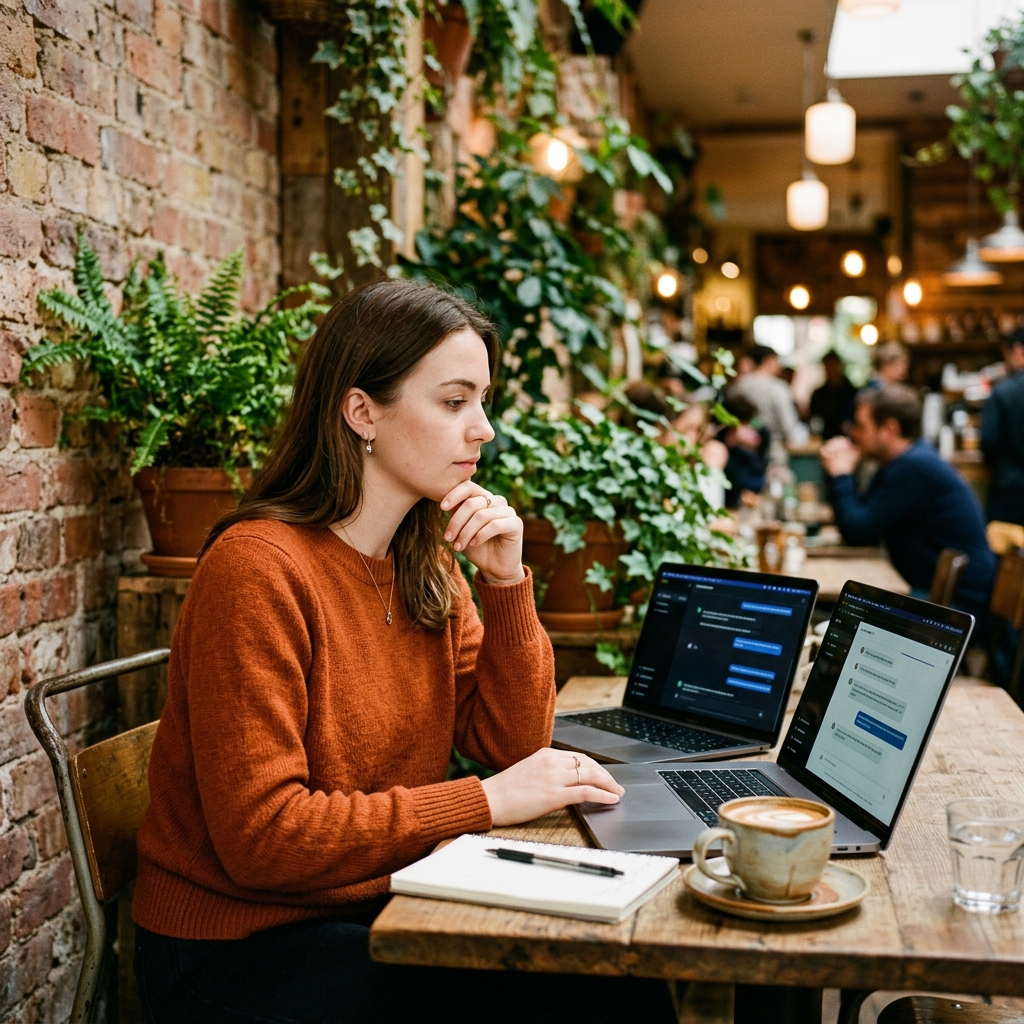Developer comparing AI chatbot responses on dual laptops in a cozy cafe setting