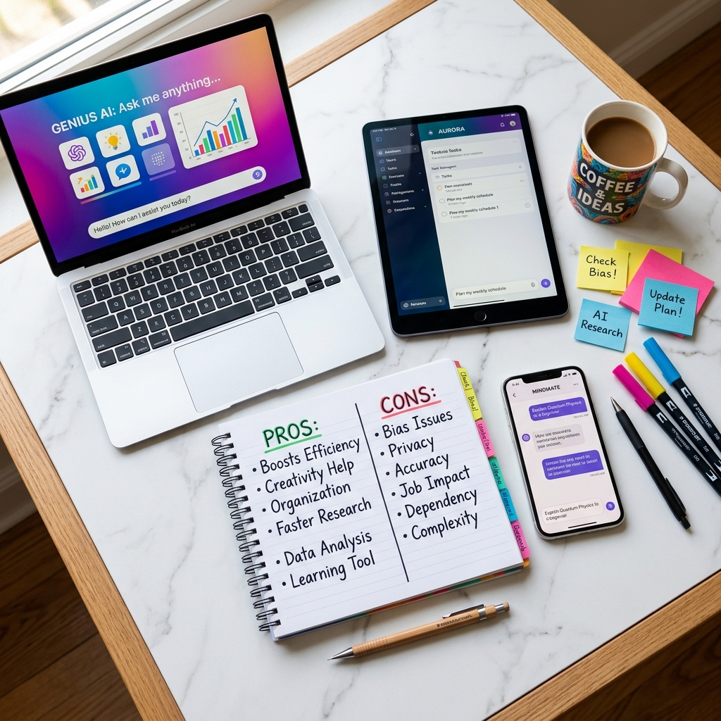 Overhead view of a workspace with notebook showing pros and cons, multiple devices displaying AI apps