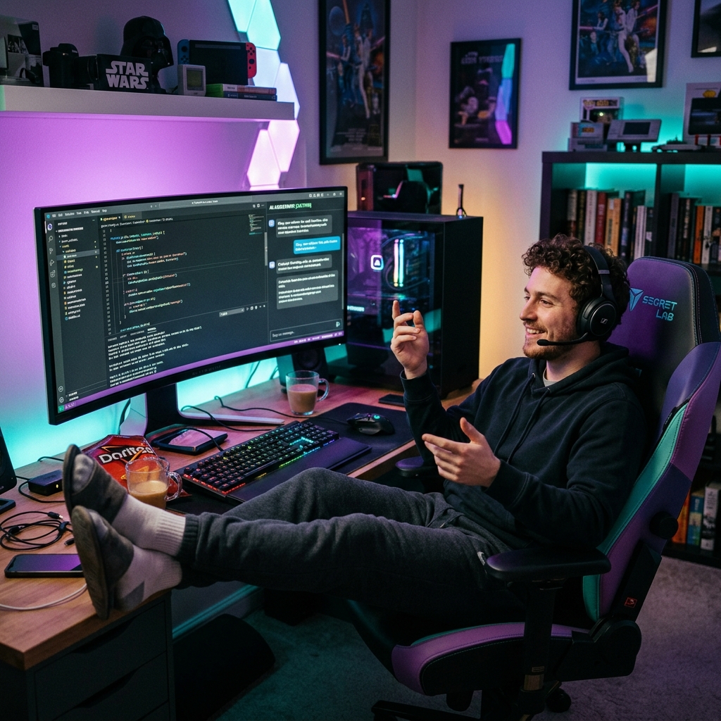 Developer relaxed at desk while AI writes code on screen