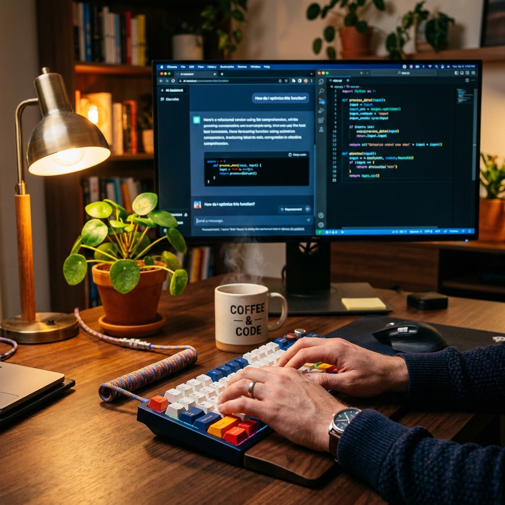 Developer typing on mechanical keyboard with AI chat and code editor visible on monitor