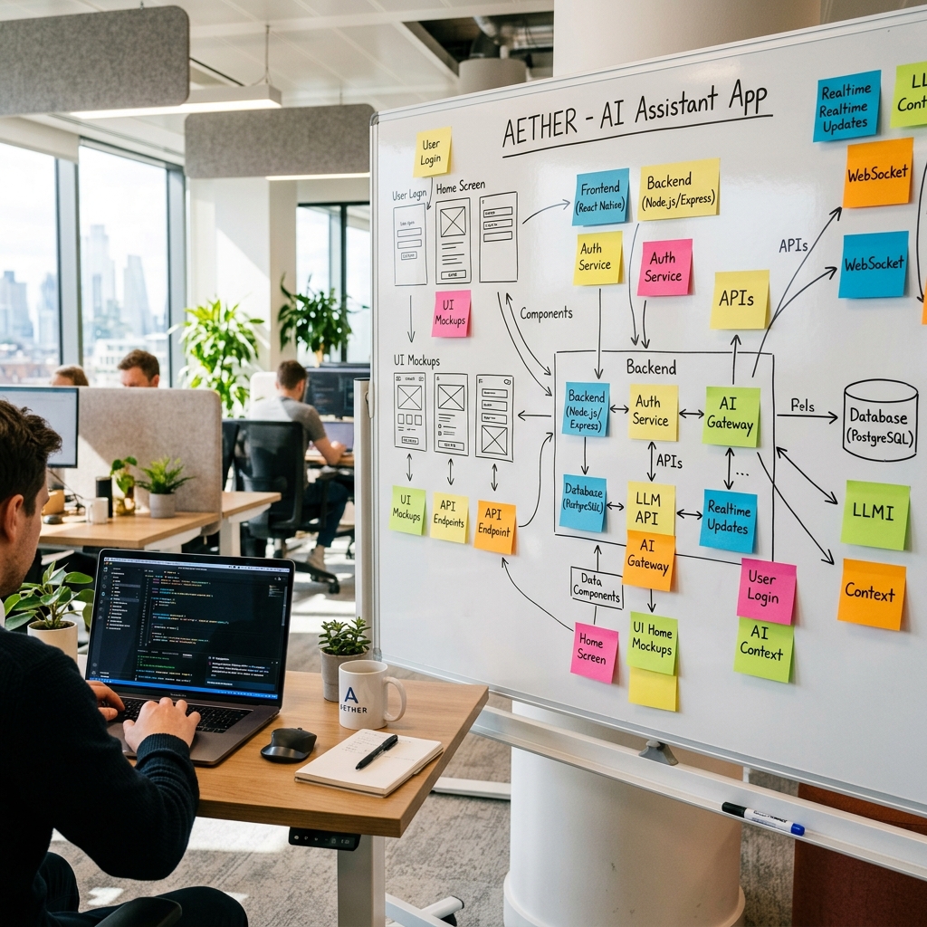 Whiteboard with sticky notes and wireframes next to a laptop showing AI code suggestions