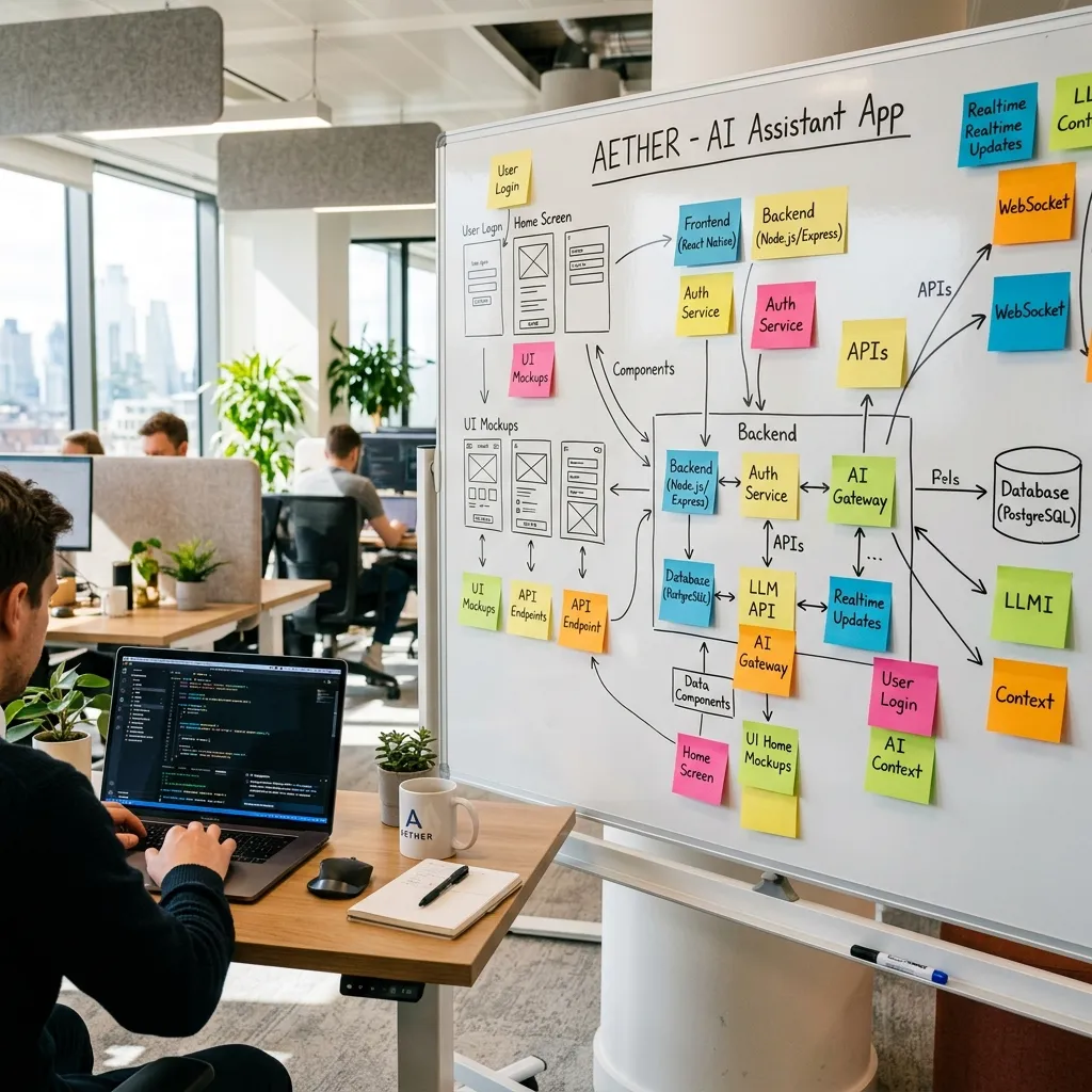 Whiteboard with sticky notes and wireframes next to a laptop showing AI code suggestions