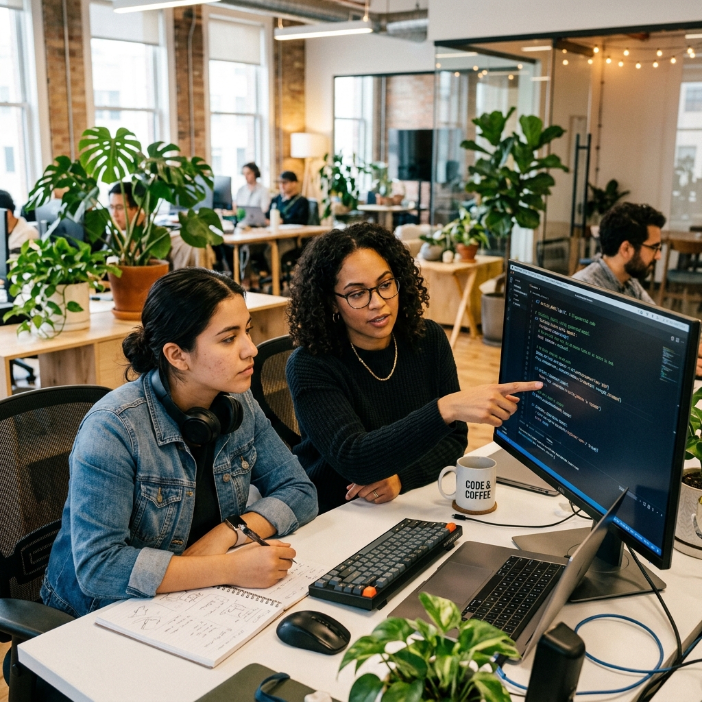 Two developers reviewing AI-generated code together at a screen