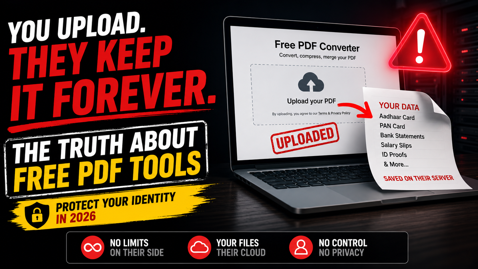 A dramatic visualization of a PDF document being uploaded to a dark cloud server while personal data leaks out
