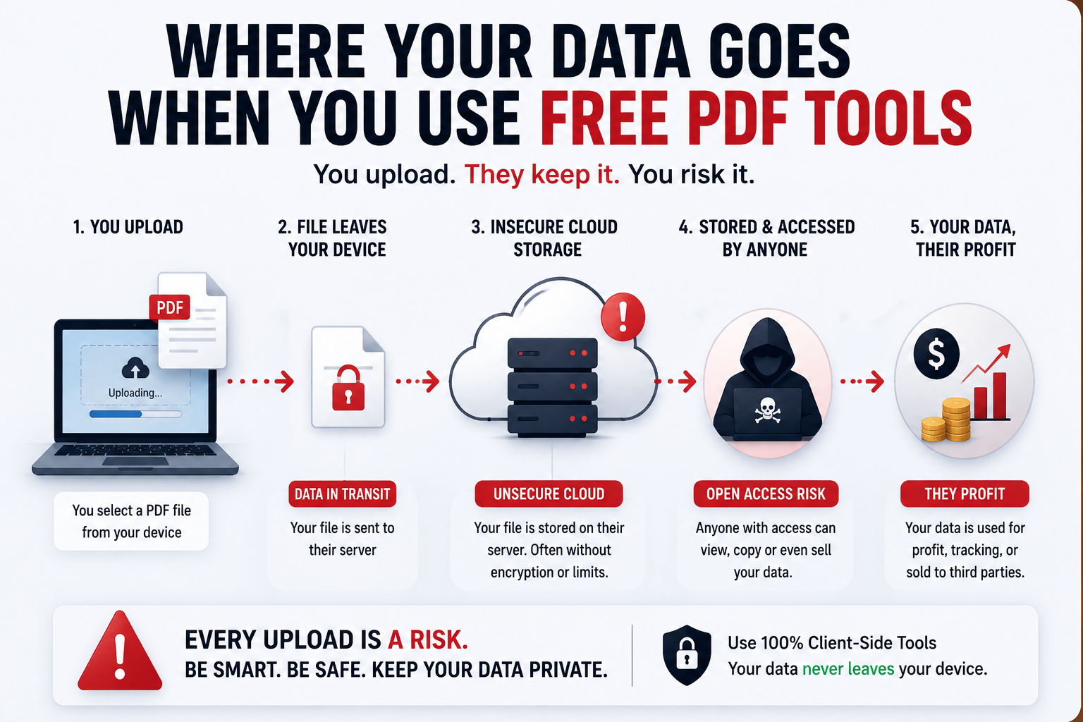 An infographic showing how a PDF document travels from a user computer to an insecure cloud server