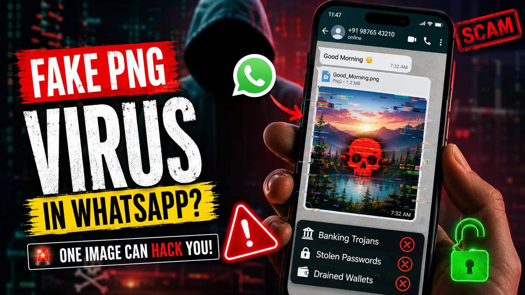 A glowing smartphone screen showing a suspicious WhatsApp chat with a corrupted, glitching image file