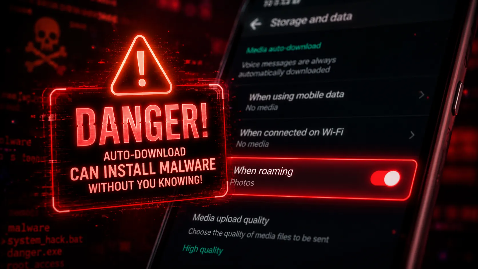 A dramatic warning sign floating over a WhatsApp settings menu, highlighting the auto-download toggle